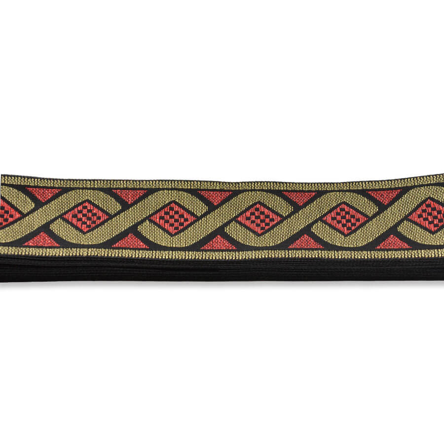 Galón jacquard geométrico de 3 cm con detalles oro y rojo detalles.