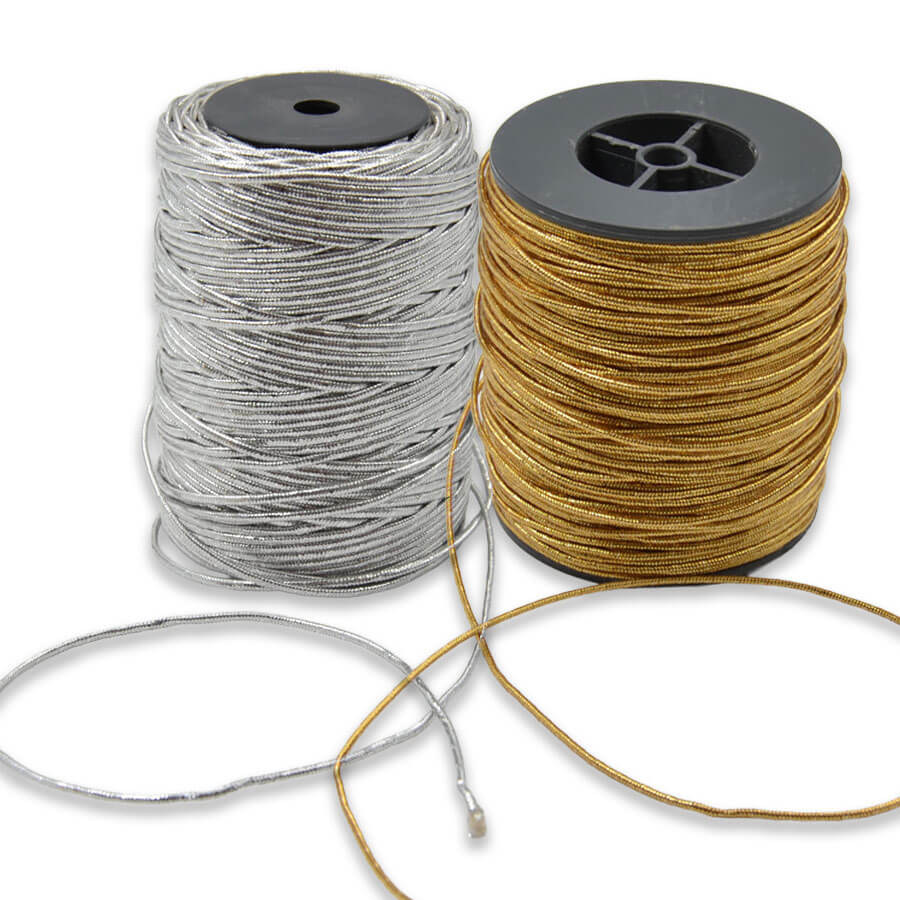Cordón elástico metalizado de 16 mm en acabado oro y plata.
