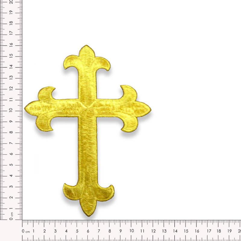 Cruz bordada termo adhesiva color oro de 16 cm para confección