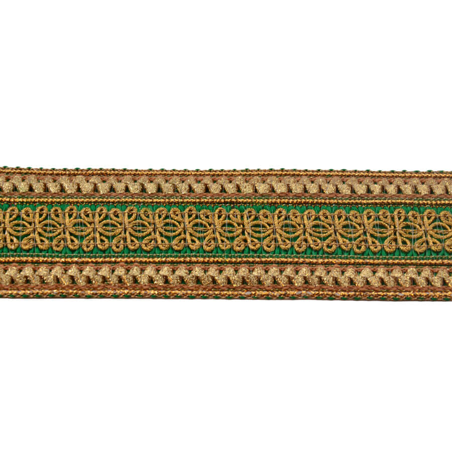 Galón verde ornamental con acabado oro para carnaval y comparsas.