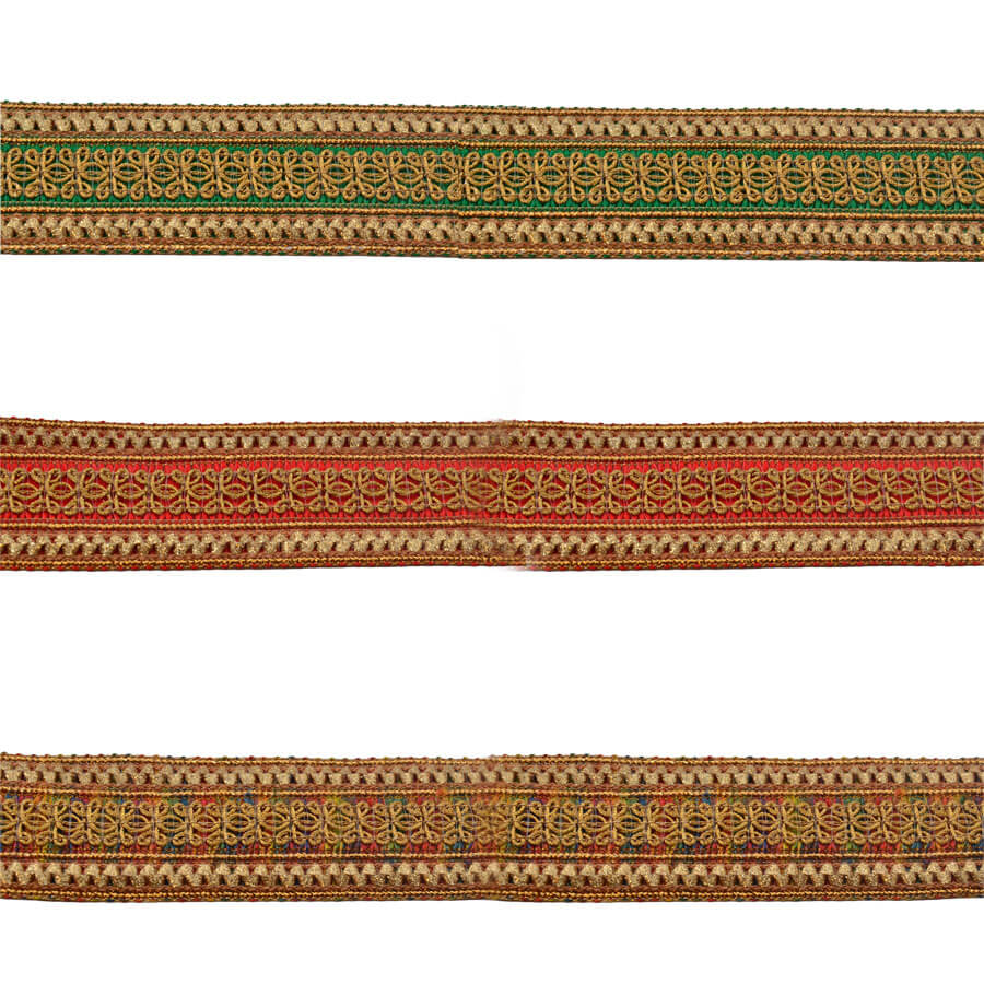 Galón decorativo multicolor con hilo oro de 4 cm para confección festiva.