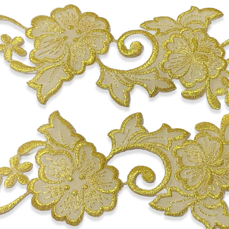 Apliques decorativos bordados con flores y hojas en color oro