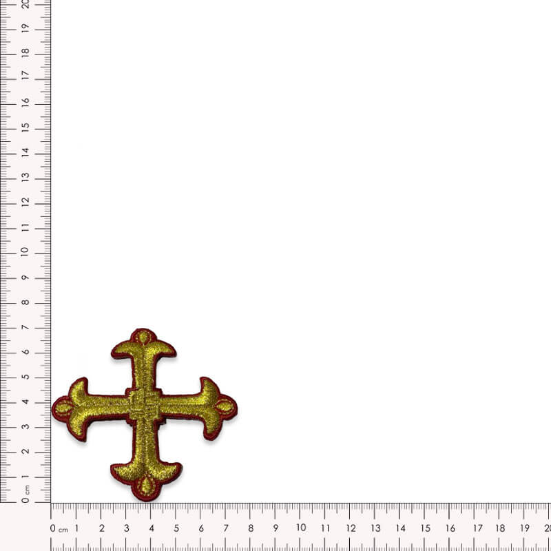 Aplique textil de cruz medieval en colores oro y rojo
