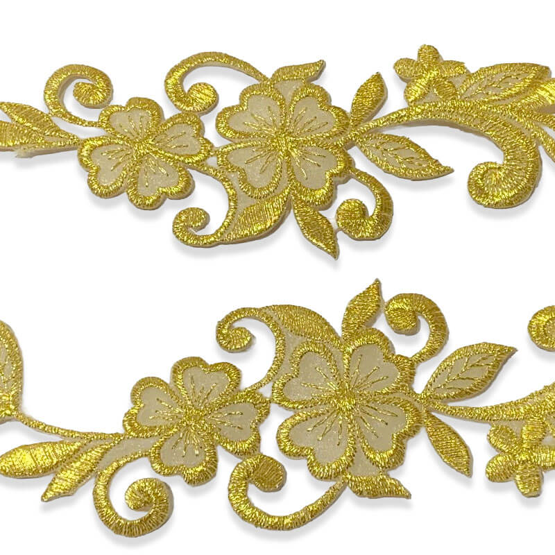 Apliques decorativos bordados con flores y hojas en color oro