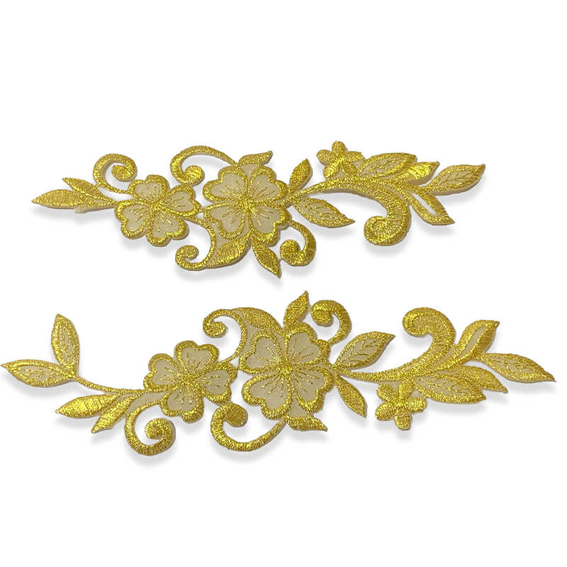 Pareja de apliques bordados florales de 18 cm en color oro