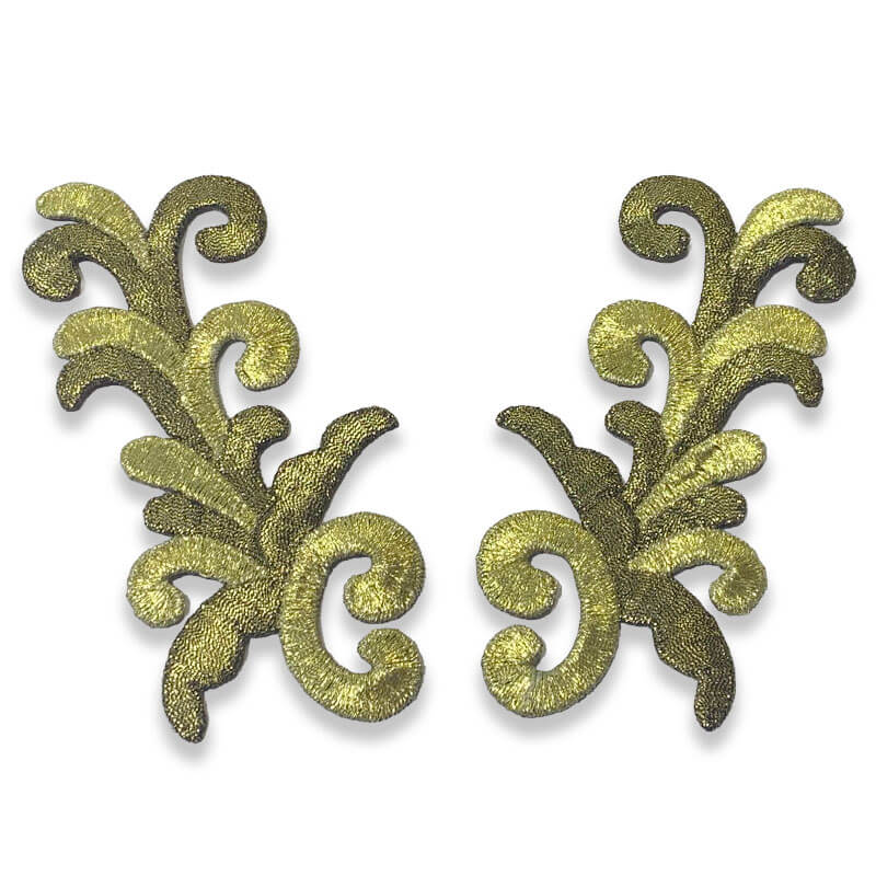 Apliques bordados en pareja color oro de 12 cm con diseño ornamental