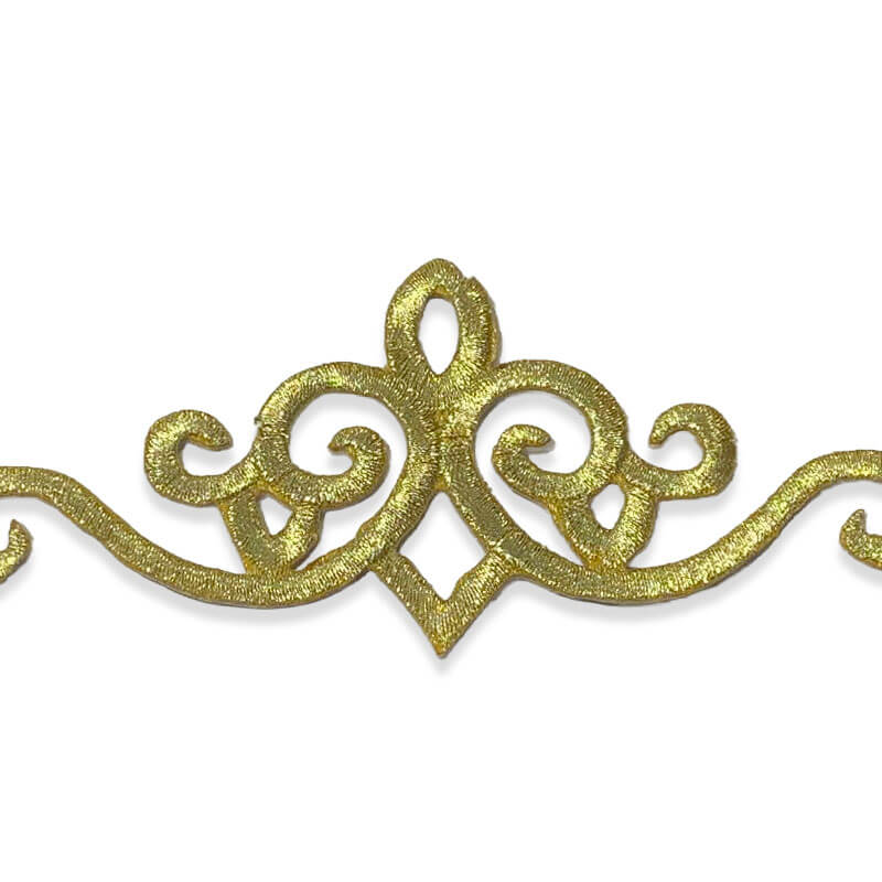 Aplique decorativo bordado en oro con diseño ornamental