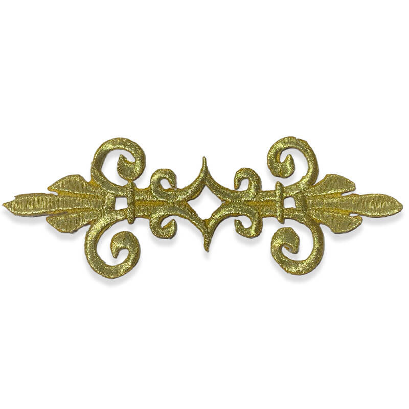 Aplique bordado ornamental de 16 cm en color oro para confección