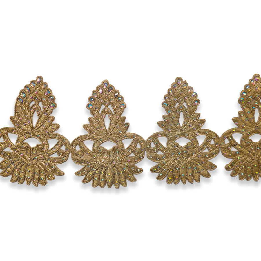 Pasamanería floral dorada con brillo decorativo