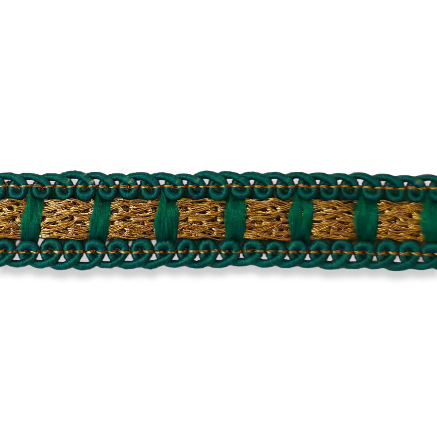 Pasamanería geométrica con brillo oro y verde