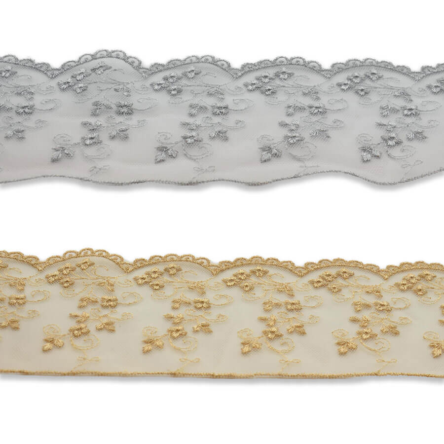 Puntilla Bordada Tul Metalizada 8cm (pieza 14m) - Plata y Oro - Imagen 1