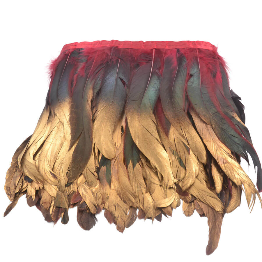 Plumas decorativas con acabado dorado brillante con rojo y negro